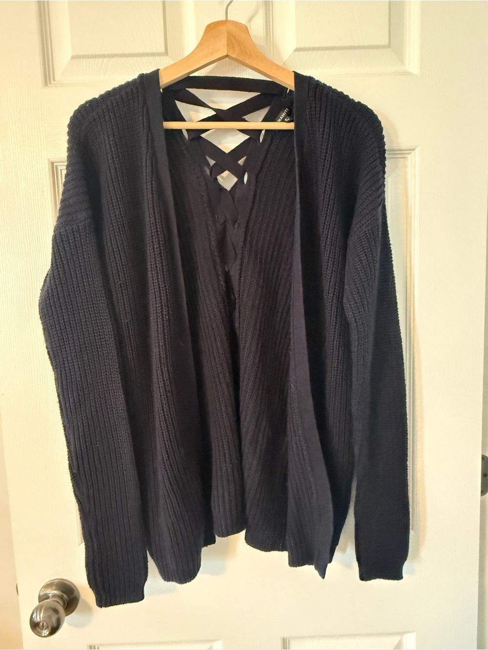 Dynamite Navy Open-Front Knit Cardigan with Lace-Up Back